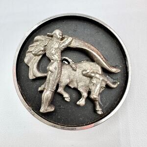 Vintage Hickock Bull Fighter Matador Tie Clip Silver Tone On Black Big Round